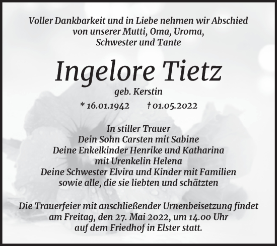 Traueranzeige von Ingelore Tietz von Trauerkombi Wittenberg