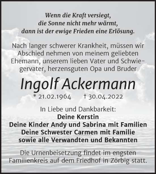 Traueranzeige von Ingolf Ackermann von Trauerkombi Bitterfeld