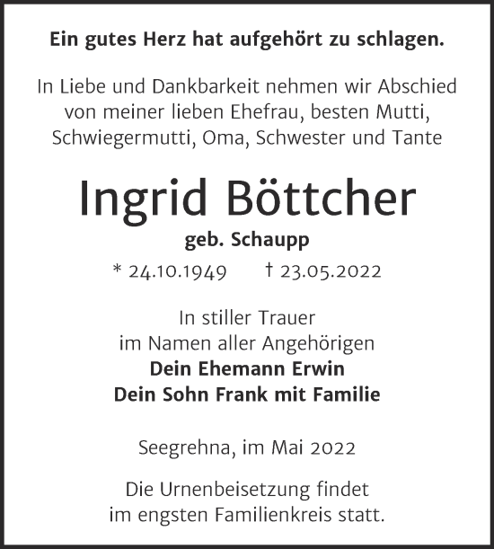 Traueranzeige von Ingrid Böttcher von Trauerkombi Wittenberg