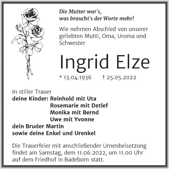 Traueranzeige von Ingrid Elze von Trauerkombi Quedlinburg