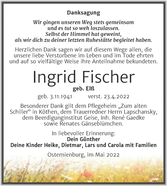 Traueranzeige von Ingrid Fischer von Trauerkombi Köthen