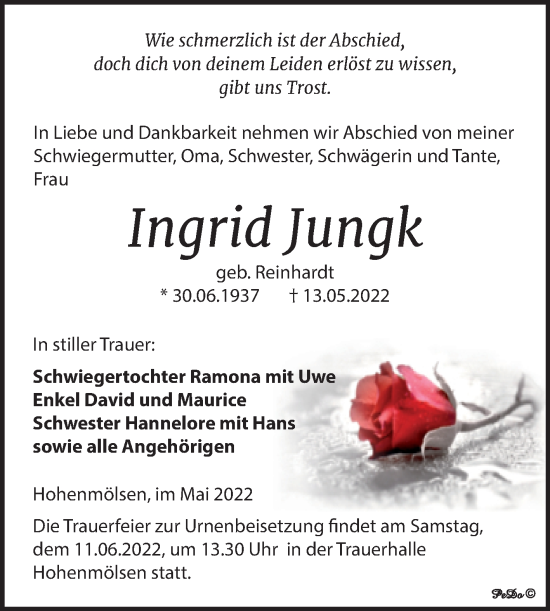 Traueranzeige von Ingrid Jungk von Trauerkombi Weißenfels