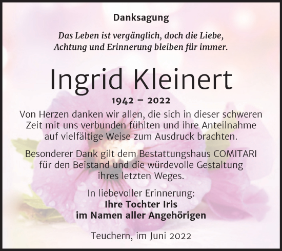 Traueranzeige von Ingrid Kleinert von Trauerkombi Weißenfels