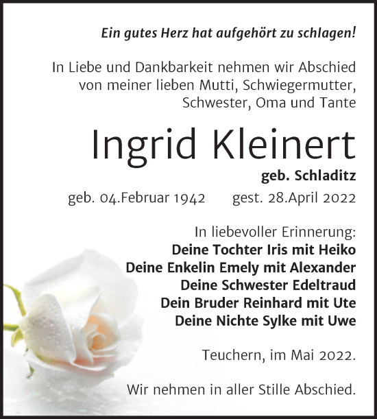 Traueranzeige von Ingrid Kleinert von Trauerkombi Weißenfels