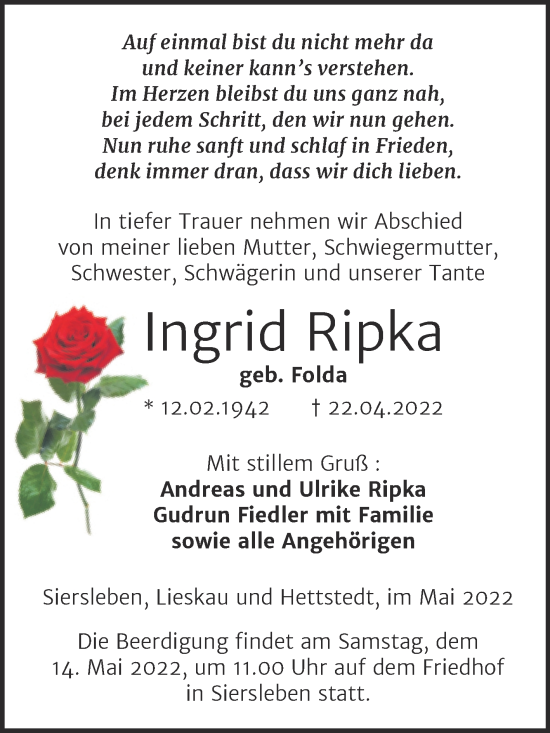 Traueranzeige von Ingrid Ripka von Trauerkombi Mansfelder Land