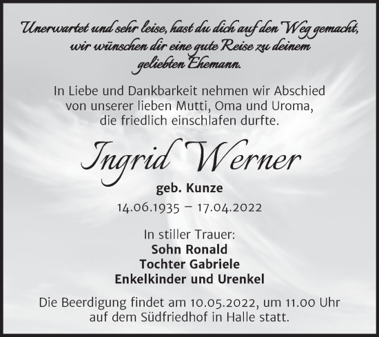 Traueranzeige von Ingrid Werner von Mitteldeutsche Zeitung Halle/Saalkreis