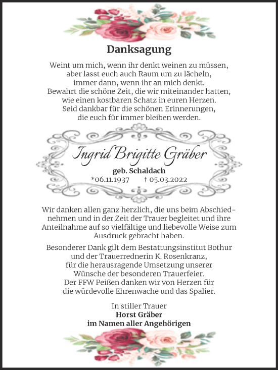Traueranzeige von Ingrid Brigitte Gräber von Trauerkombi Bernburg