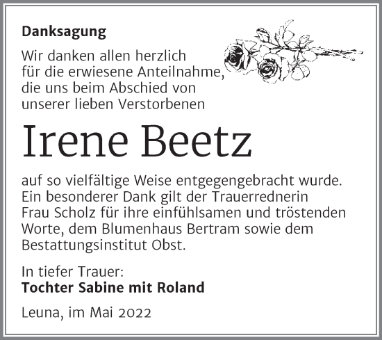 Traueranzeige von Irene Beetz von Trauerkombi Merseburg