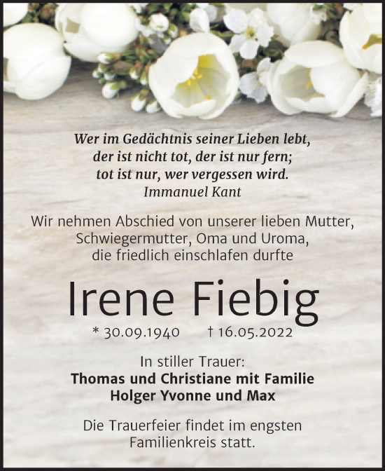 Traueranzeige von Irene Fiebig von Trauerkombi Sangerhausen