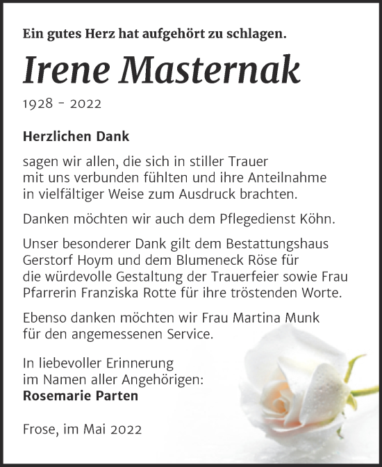 Traueranzeige von Irene Masternak von Trauerkombi Aschersleben