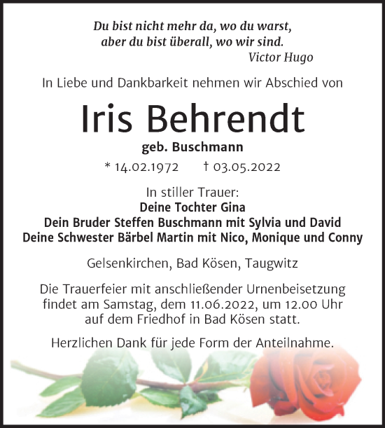 Traueranzeige von Iris Behrendt von Wochenspiegel Naumburg/Nebra