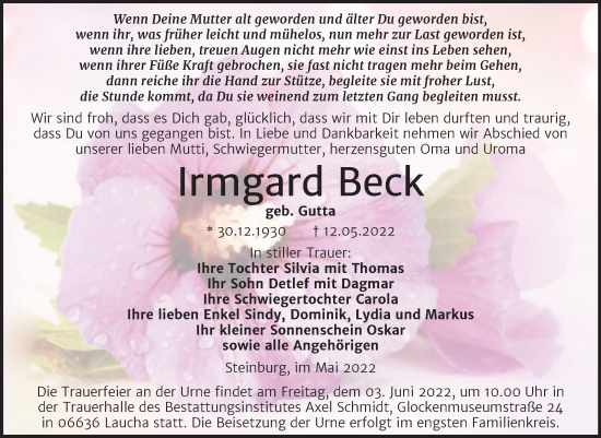 Traueranzeige von Irmgard Beck von Wochenspiegel Naumburg/Nebra