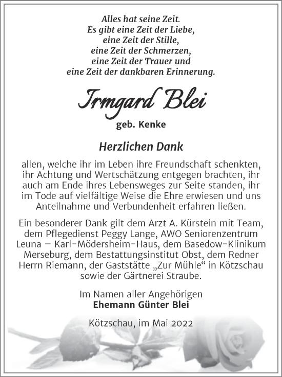 Traueranzeige von Irmgard Blei von Trauerkombi Merseburg