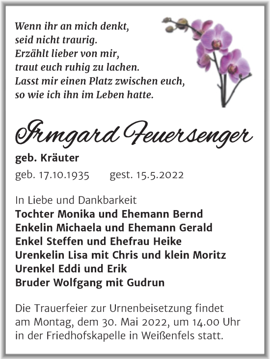 Traueranzeige von Irmgard Feuersenger von Trauerkombi Weißenfels