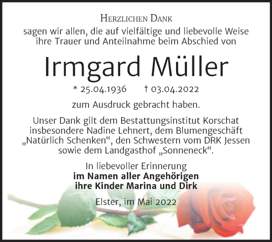 Traueranzeige von Irmgard Müller von Trauerkombi Wittenberg