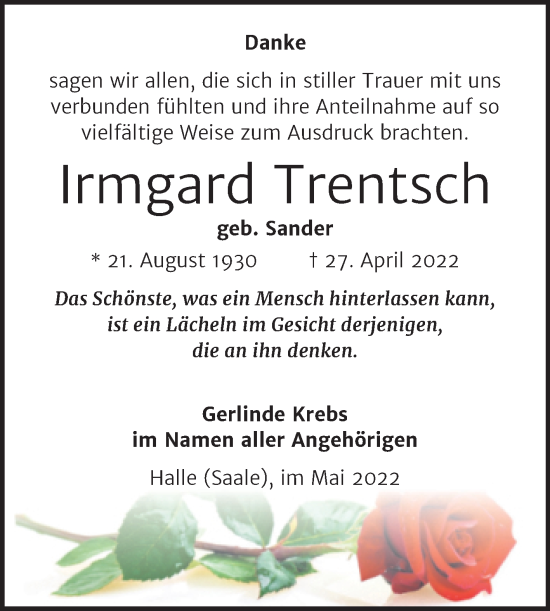 Traueranzeige von Irmgard Trentsch von Mitteldeutsche Zeitung Halle/Saalkreis