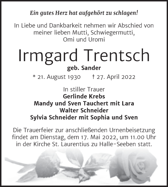 Traueranzeige von Irmgard Trentsch von Mitteldeutsche Zeitung Halle/Saalkreis