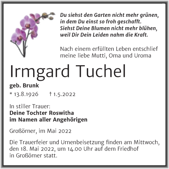 Traueranzeige von Irmgard Tuchel von Trauerkombi Mansfelder Land