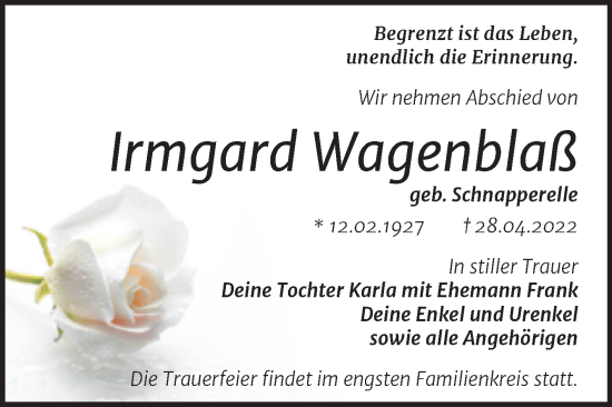 Traueranzeige von Irmgard Wagenblaß von Trauerkombi Dessau