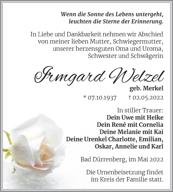 Traueranzeige von Irmgard Welzel von Trauerkombi Merseburg