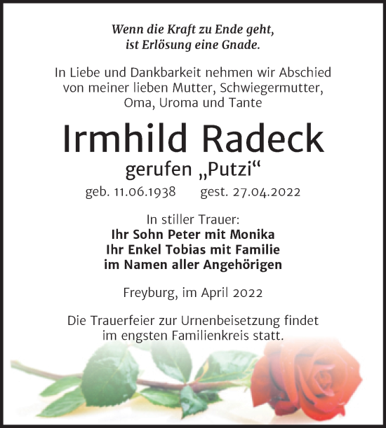 Traueranzeige von Irmhild Radeck von Wochenspiegel Naumburg/Nebra