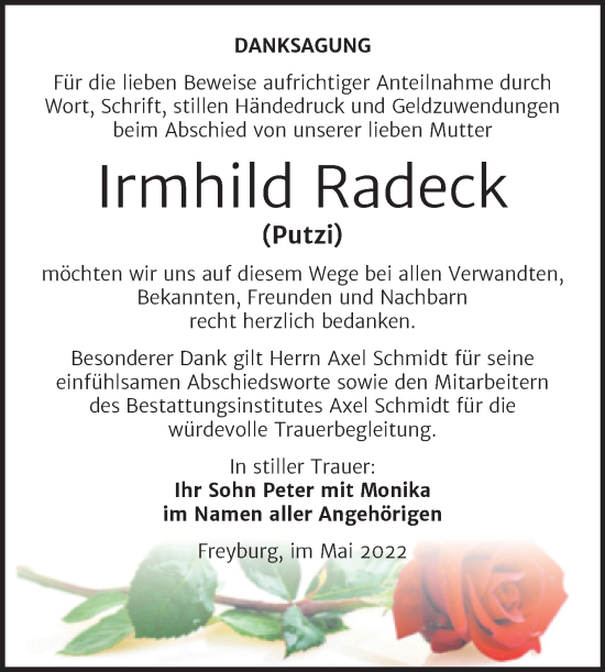 Traueranzeige von Irmhild Radeck von Wochenspiegel Naumburg/Nebra