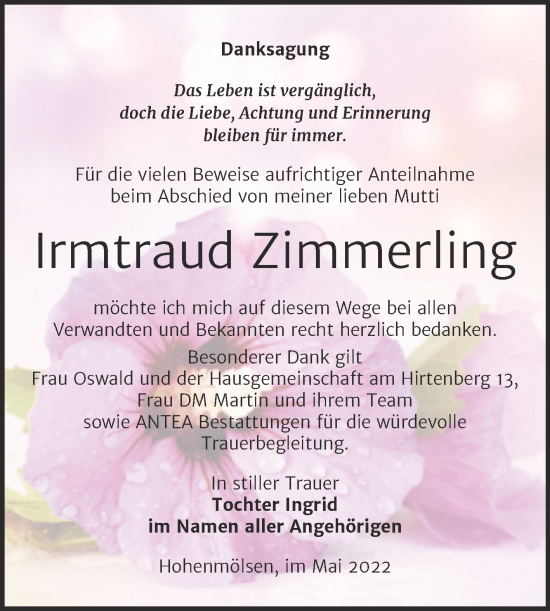Traueranzeige von Irmtraud Zimmerling von Trauerkombi Weißenfels