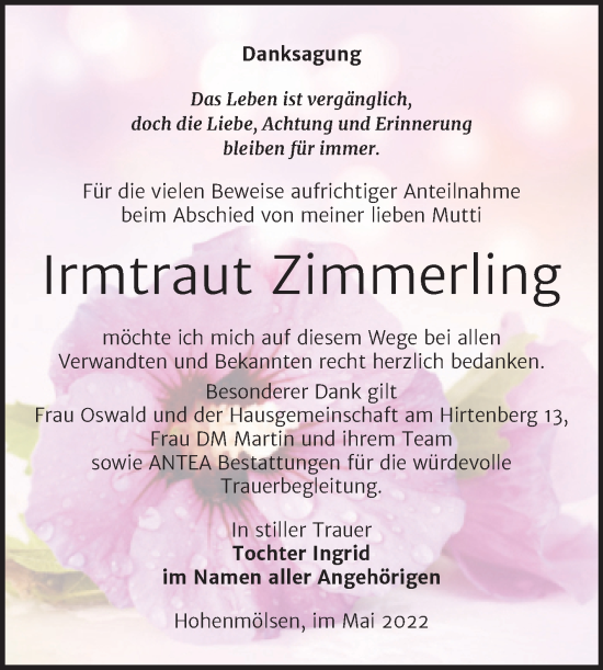 Traueranzeige von Irmtraut Zimmerling von Trauerkombi Weißenfels