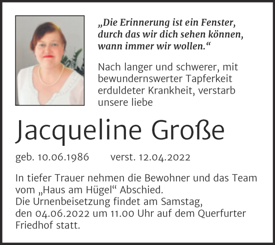Traueranzeige von Jacqueline Große von Mitteldeutsche Zeitung Merseburg/Querfurt