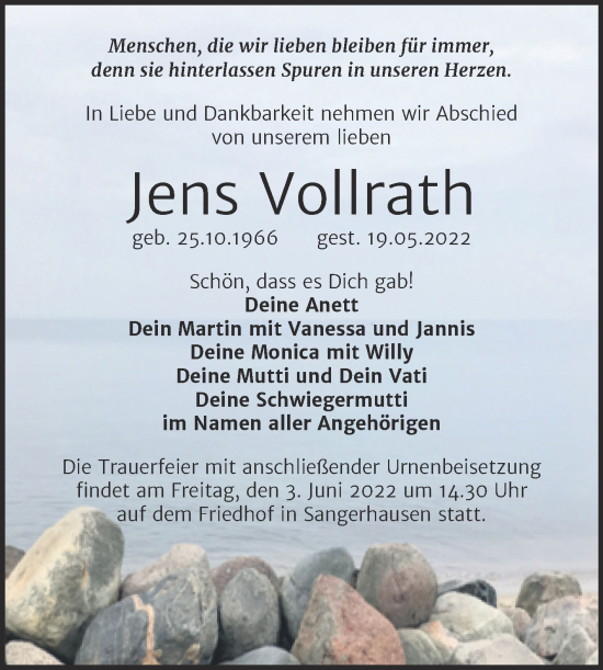 Traueranzeige von Jens Vollrath von Trauerkombi Sangerhausen