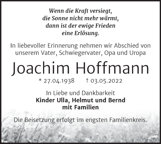 Traueranzeige von Joachim Hoffmann von Trauerkombi Bernburg