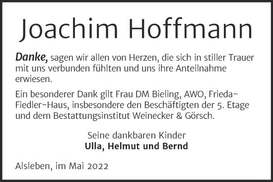 Traueranzeige von Joachim Hoffmann von Trauerkombi Bernburg