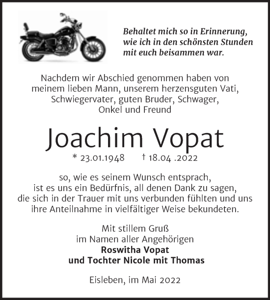 Traueranzeige von Joachim Vopat von Trauerkombi Mansfelder Land
