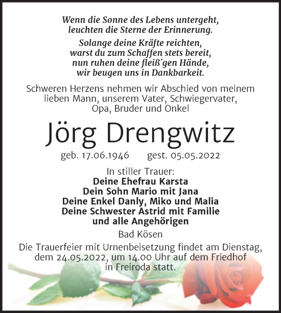 Traueranzeige von Jörg Drengwitz von Wochenspiegel Naumburg/Nebra