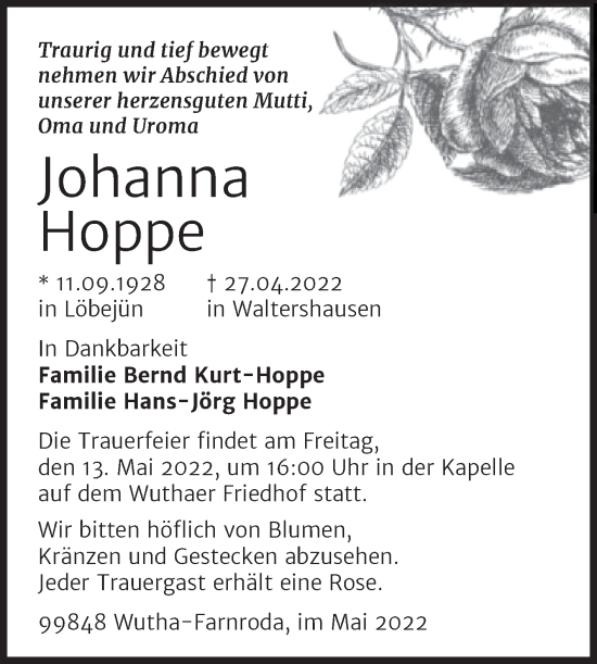 Traueranzeige von Johanna Hoppe von Mitteldeutsche Zeitung Halle/Saalkreis