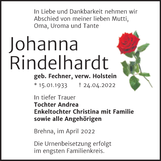 Traueranzeige von Johanna Rindelhardt von Trauerkombi Bitterfeld