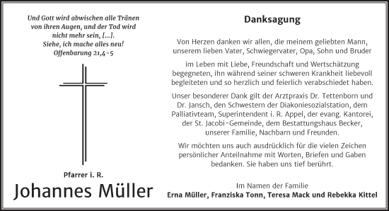 Traueranzeige von Johannes Müller von Trauerkombi Sangerhausen