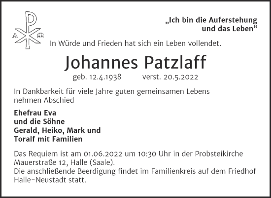 Traueranzeige von Johannes Patzlaff von Mitteldeutsche Zeitung Halle/Saalkreis
