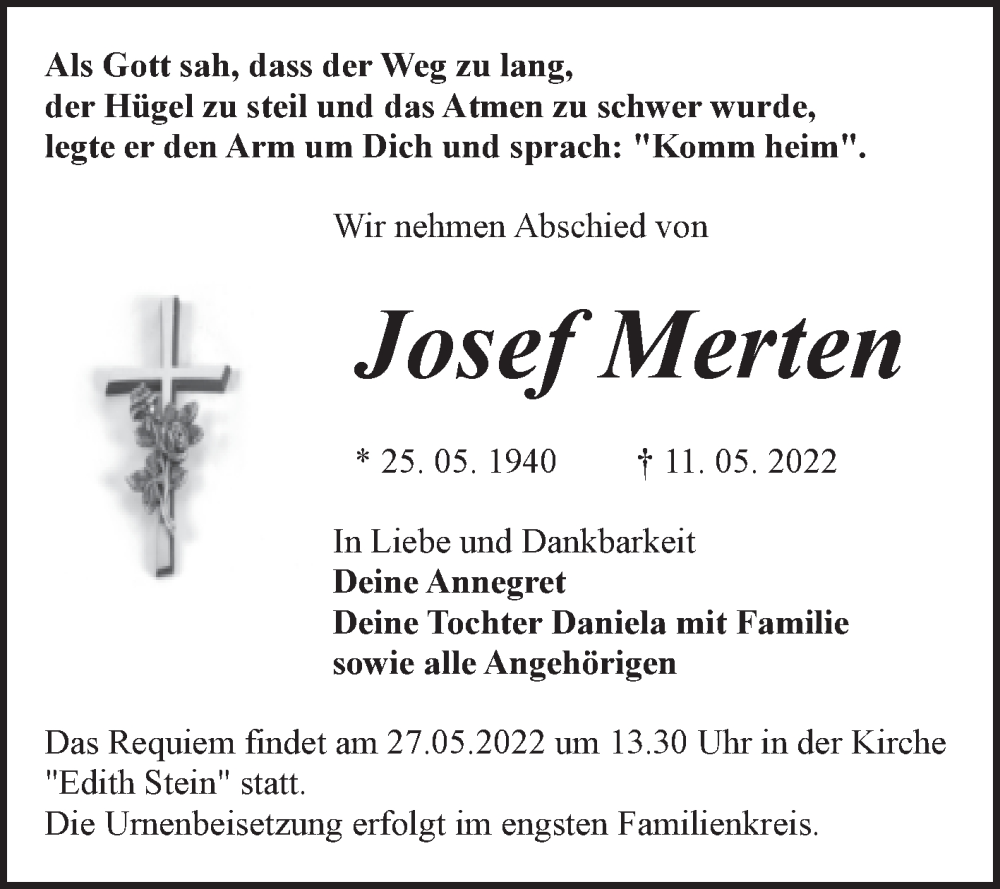  Traueranzeige für Josef Merten vom 18.05.2022 aus Trauerkombi Bitterfeld