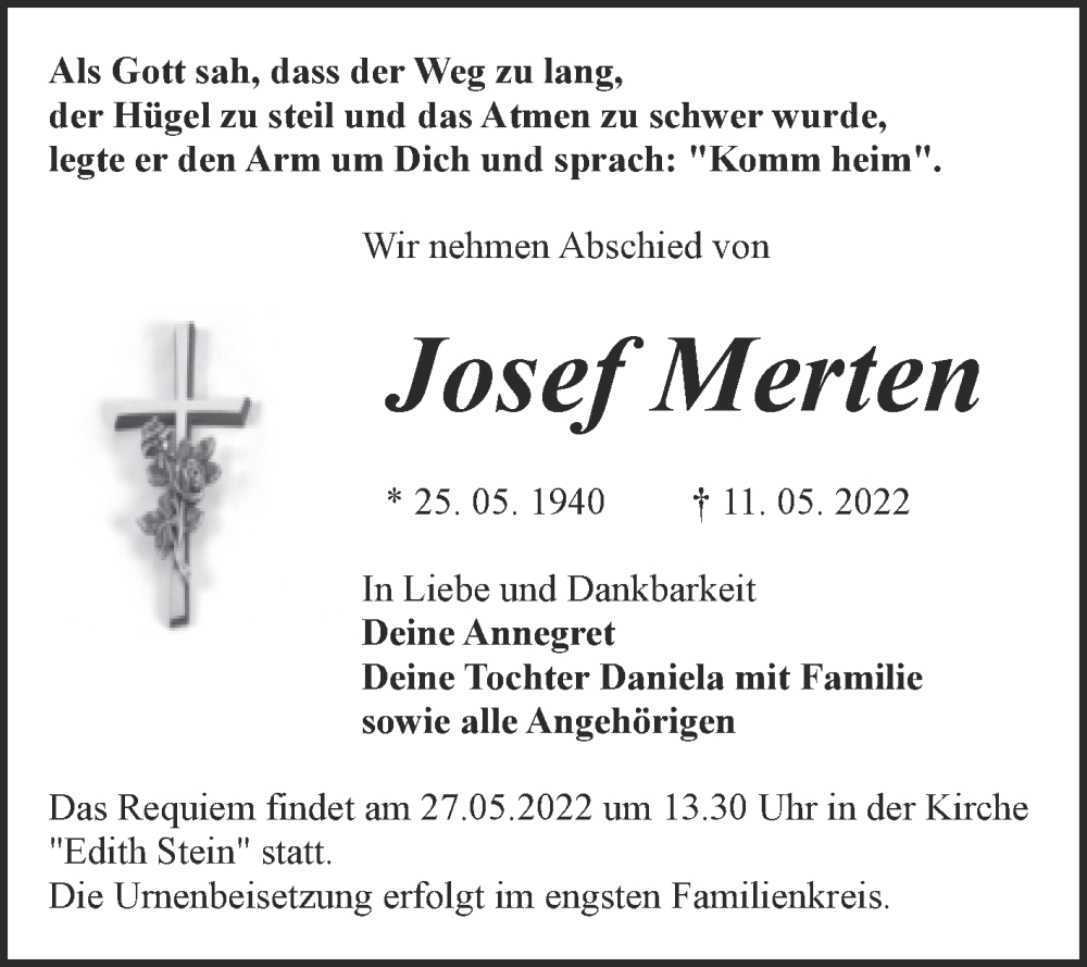  Traueranzeige für Josef Merten vom 14.05.2022 aus Trauerkombi Bitterfeld