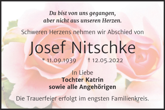 Traueranzeige von Josef Nitschke von Trauerkombi Bernburg