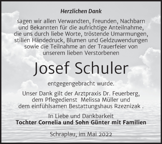 Traueranzeige von Josef Schuler von Trauerkombi Merseburg