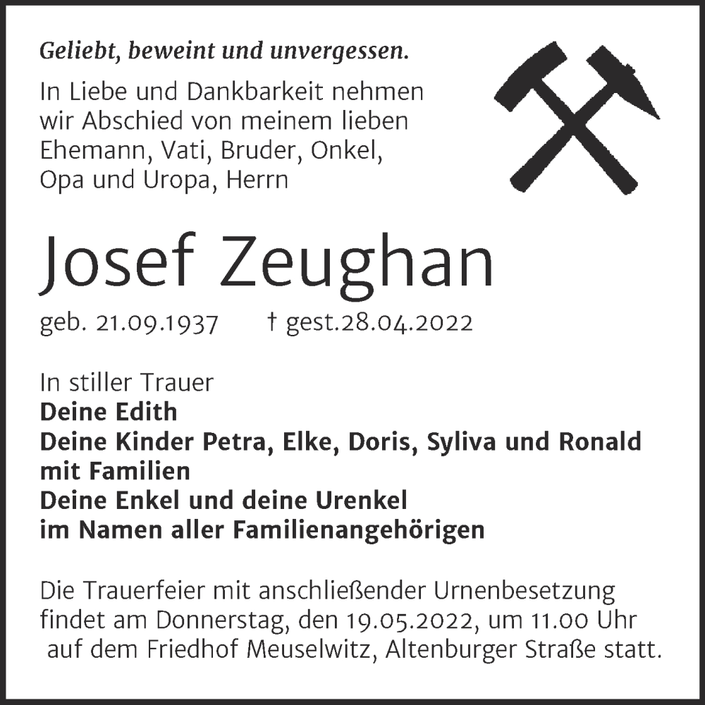  Traueranzeige für Josef Zeughan vom 07.05.2022 aus Trauerkombi Zeitz