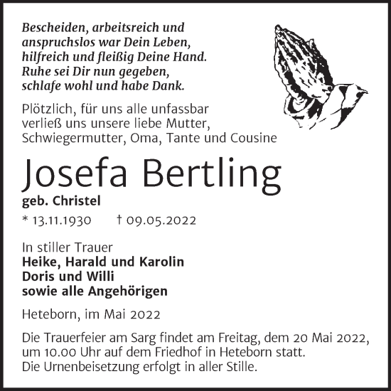 Traueranzeige von Josefa Bertling von Mitteldeutsche Zeitung Quedlingburg