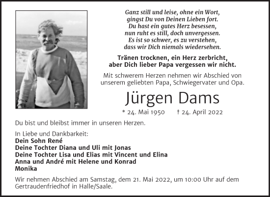 Traueranzeige von Jürgen Dams von Mitteldeutsche Zeitung Halle/Saalkreis