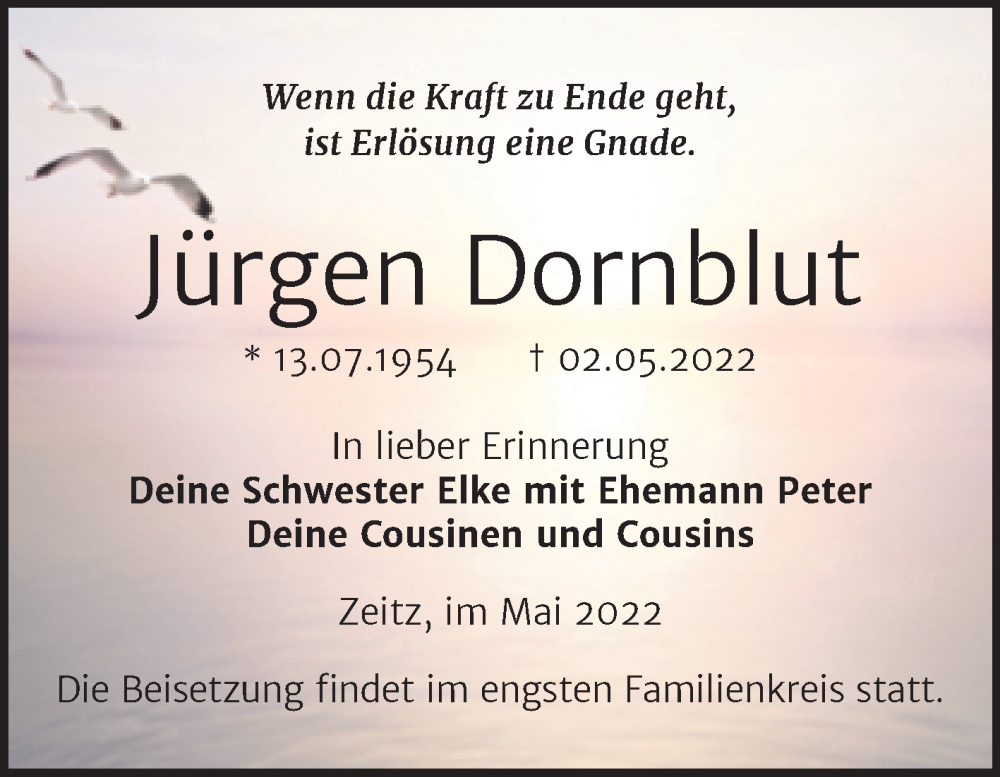  Traueranzeige für Jürgen Dornblut vom 07.05.2022 aus Trauerkombi Zeitz
