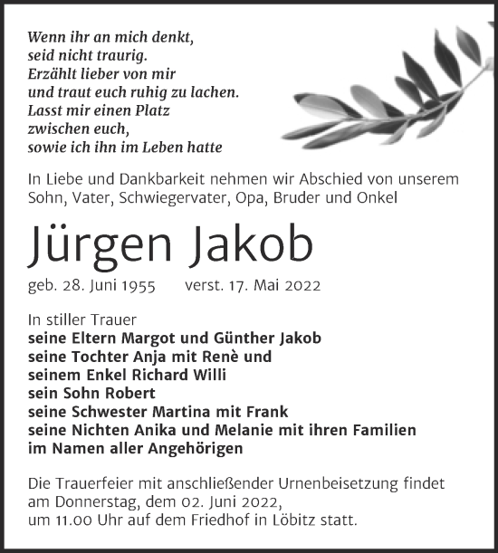Traueranzeige von Jürgen Jakob von Wochenspiegel Naumburg/Nebra