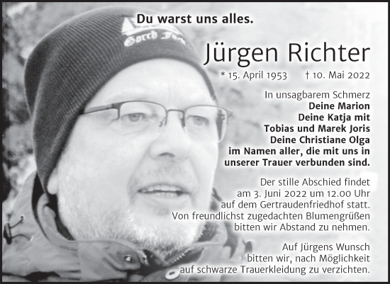 Traueranzeige von Jürgen Richter von Mitteldeutsche Zeitung Halle/Saalkreis
