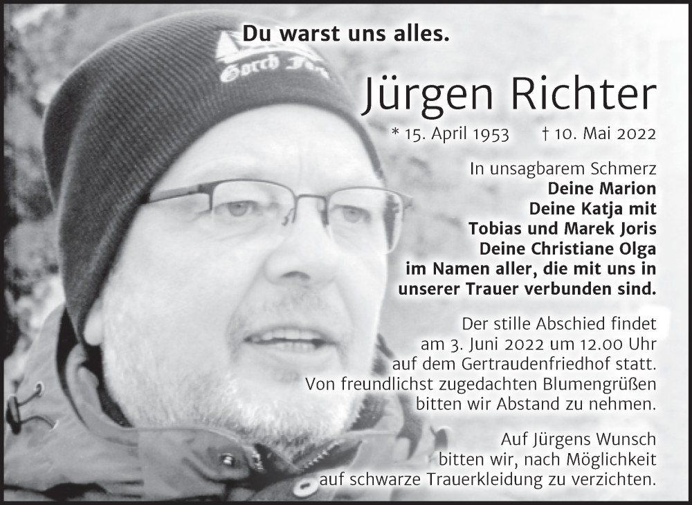  Traueranzeige für Jürgen Richter vom 14.05.2022 aus Mitteldeutsche Zeitung Halle/Saalkreis