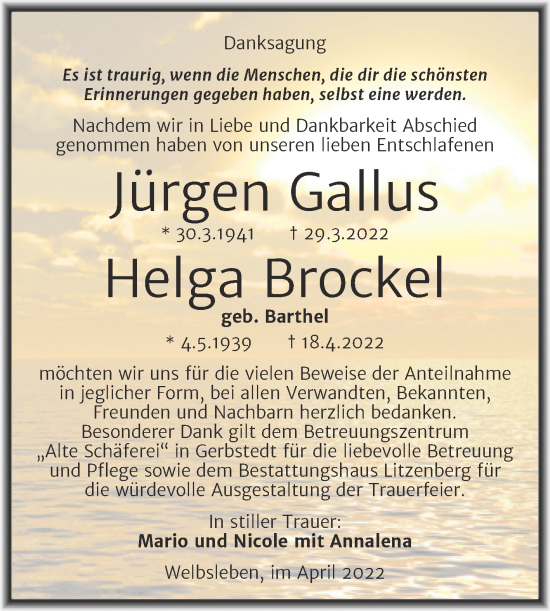 Traueranzeige von Jürgen und Helga  von Trauerkombi Mansfelder Land